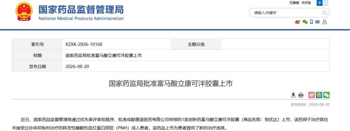 优先审评审批持续显效 国产1类创新药富马酸立康可泮胶囊获批